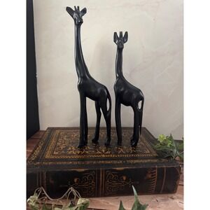Vintage Sculptural Giraffe Pair, Black Minimalist Safari Decor Set